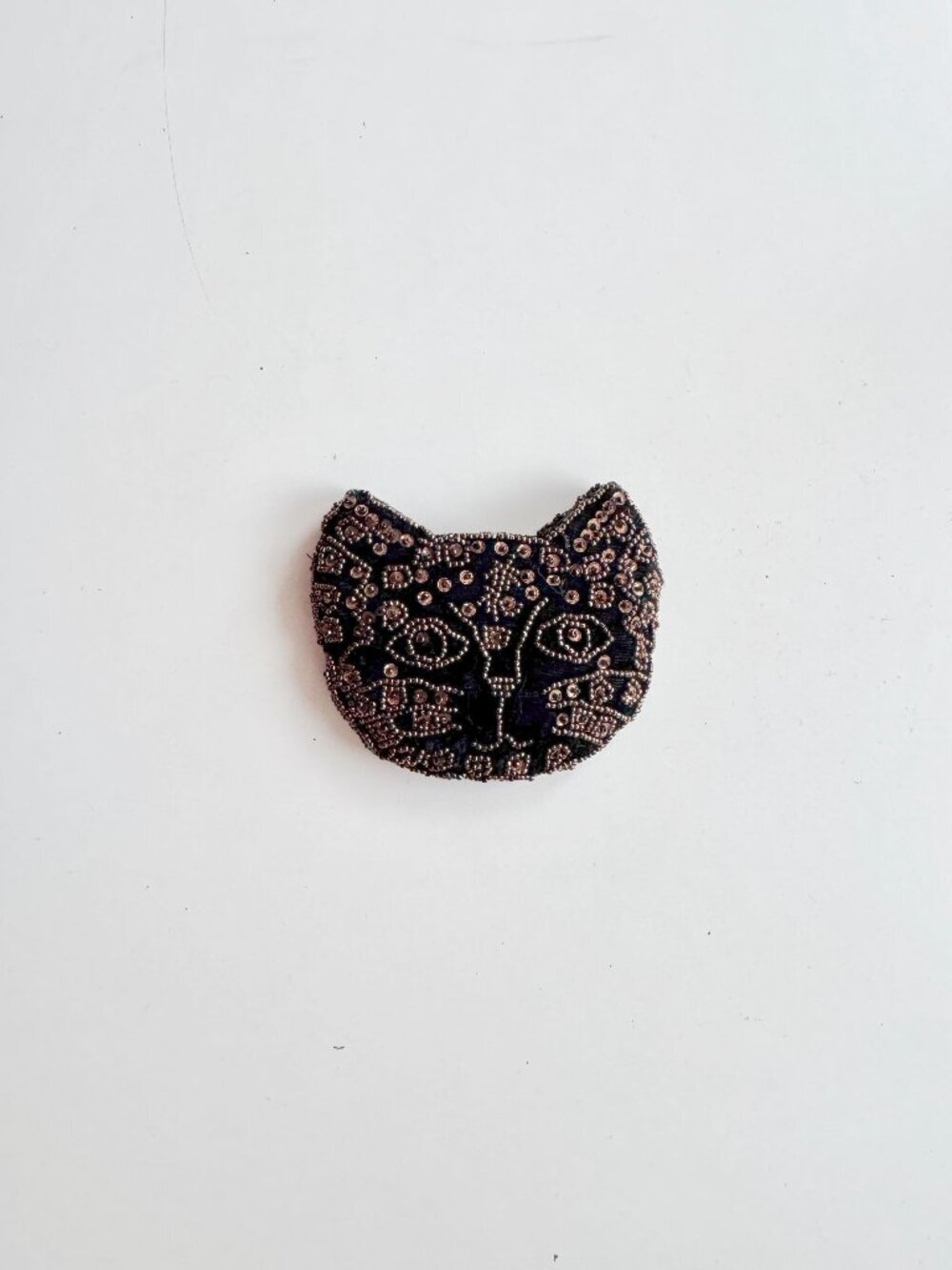 Vintage Black Beaded Sequin Embellished Velvet Small Cat Coin Pouch Change Purse